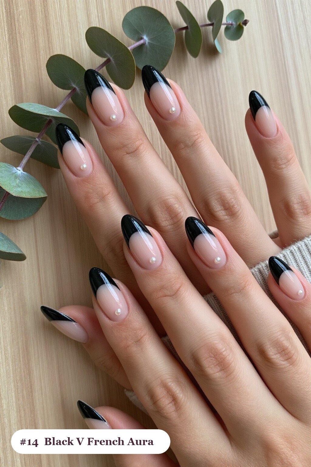 Bold V-Shaped French Tips with Aura - black almond aura nails