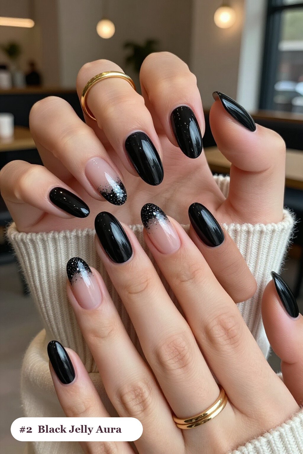Jelly Black Almond Aura Nails with Glitter - black almond aura nails