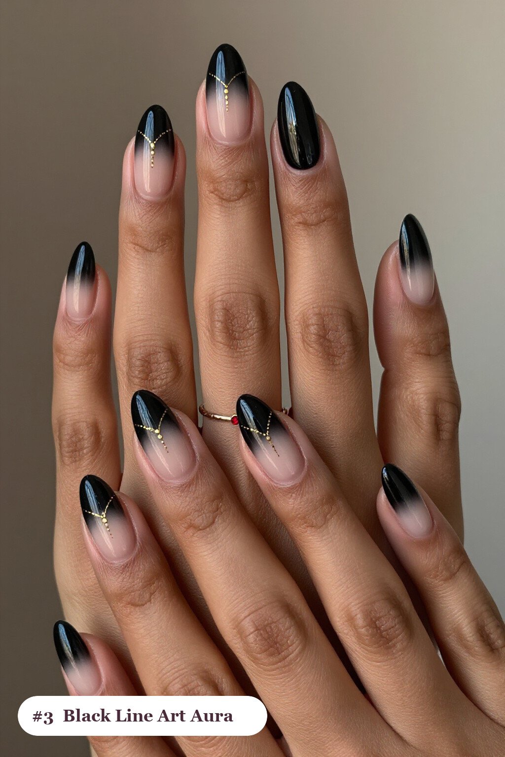 Fine Gold Line Art on Black Almond Aura - black almond aura nails