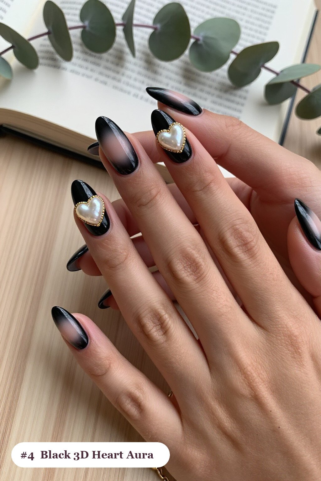 3D Hearts and Pearls on Black Almond Aura - black almond aura nails