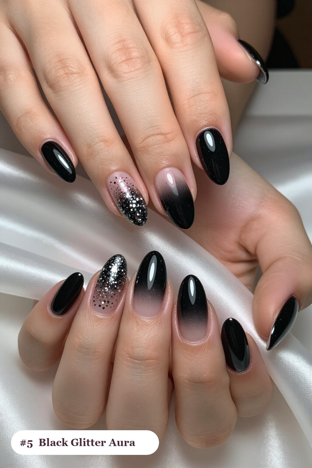 Sparkling Glitter Gradient with Chrome Details - black almond aura nails