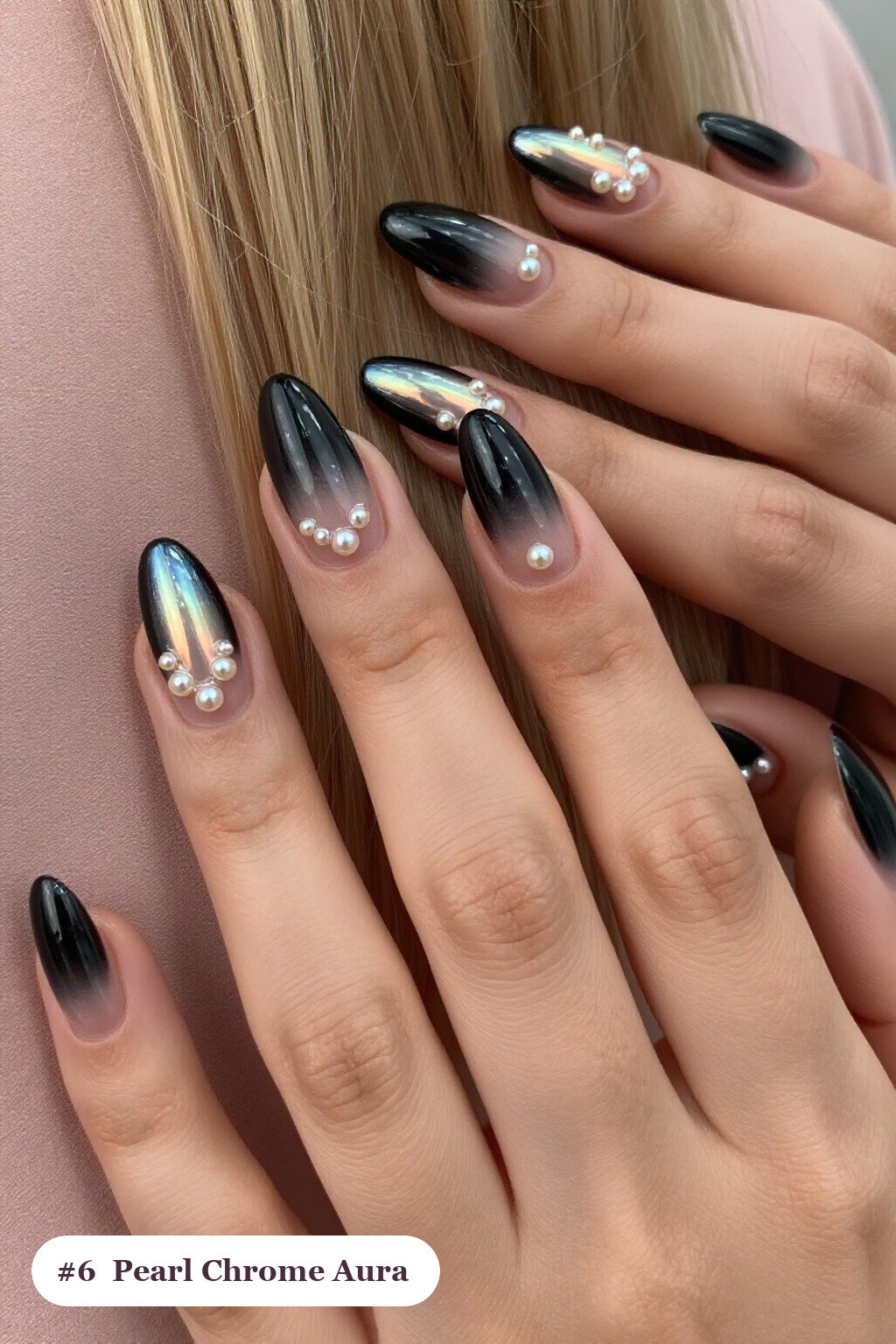 Glazed Pearl Chrome Aura Almond Nails - black almond aura nails