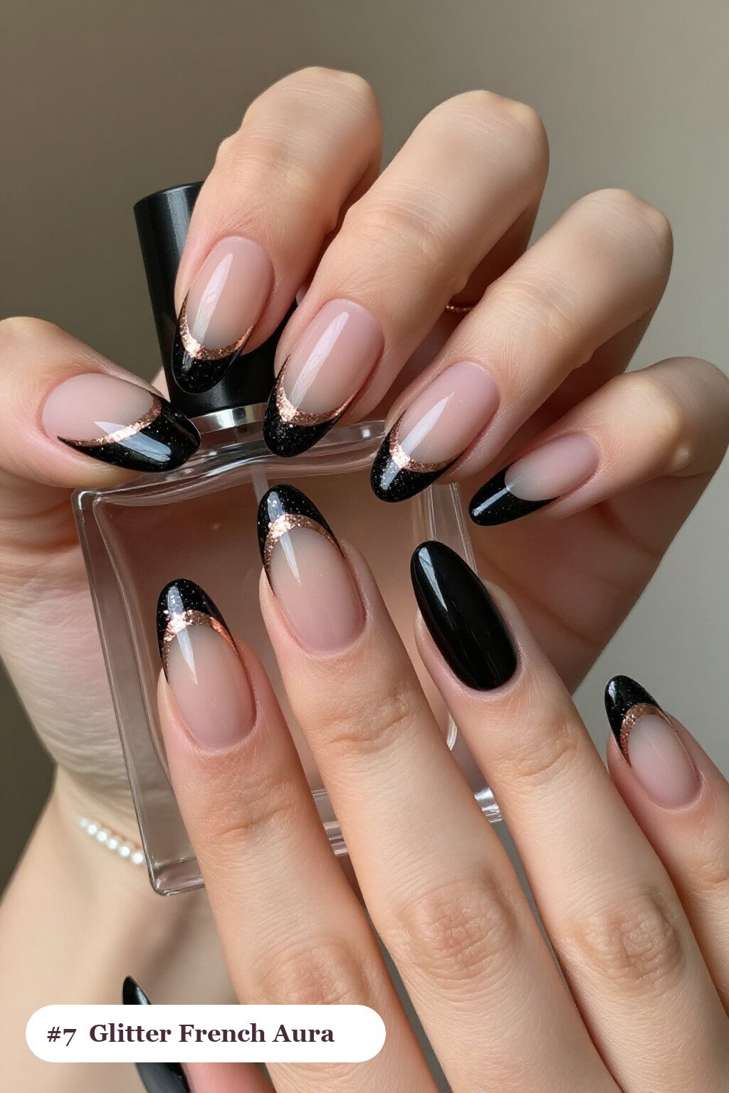 Glitter French Tips on Black Almond Aura - black almond aura nails