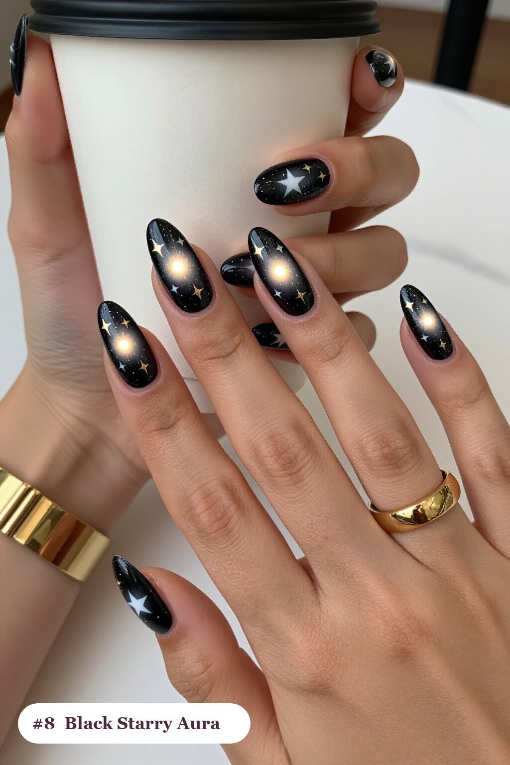 Celestial Stars and Sparkles on Black Aura - black almond aura nails