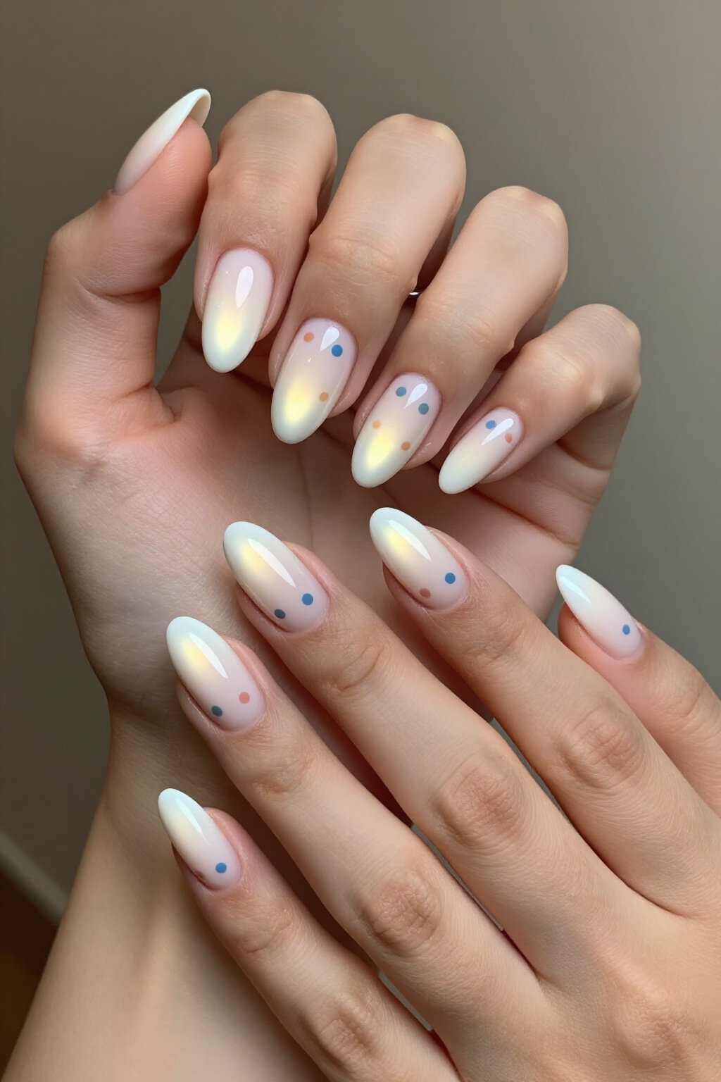 Sweet Short Almond Milky White Aura Nails with Polka Dots - short aura nails