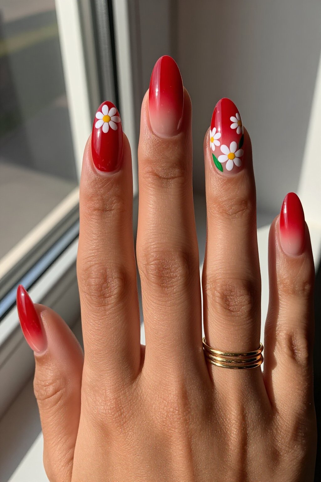 Bold Short Almond Cherry Red Aura Nails with Floral Accents - short aura nails