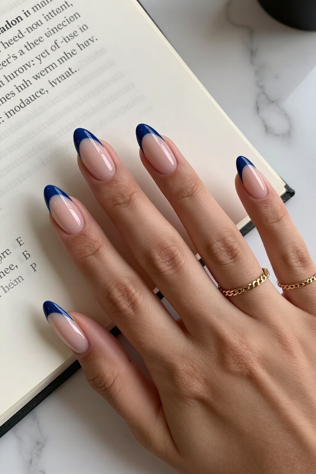 Sophisticated Short Almond Navy Blue Aura Nails with Double French Tips - short aura nails