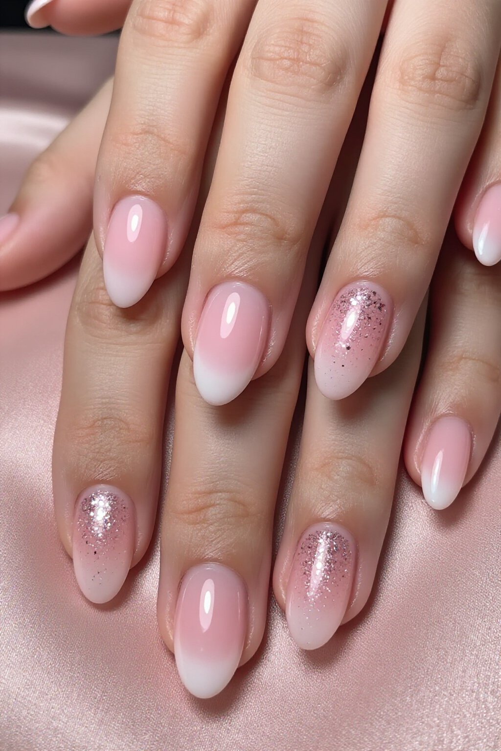 Dreamy Short Almond Baby Pink Aura Nails with Glitter Gradient - short aura nails