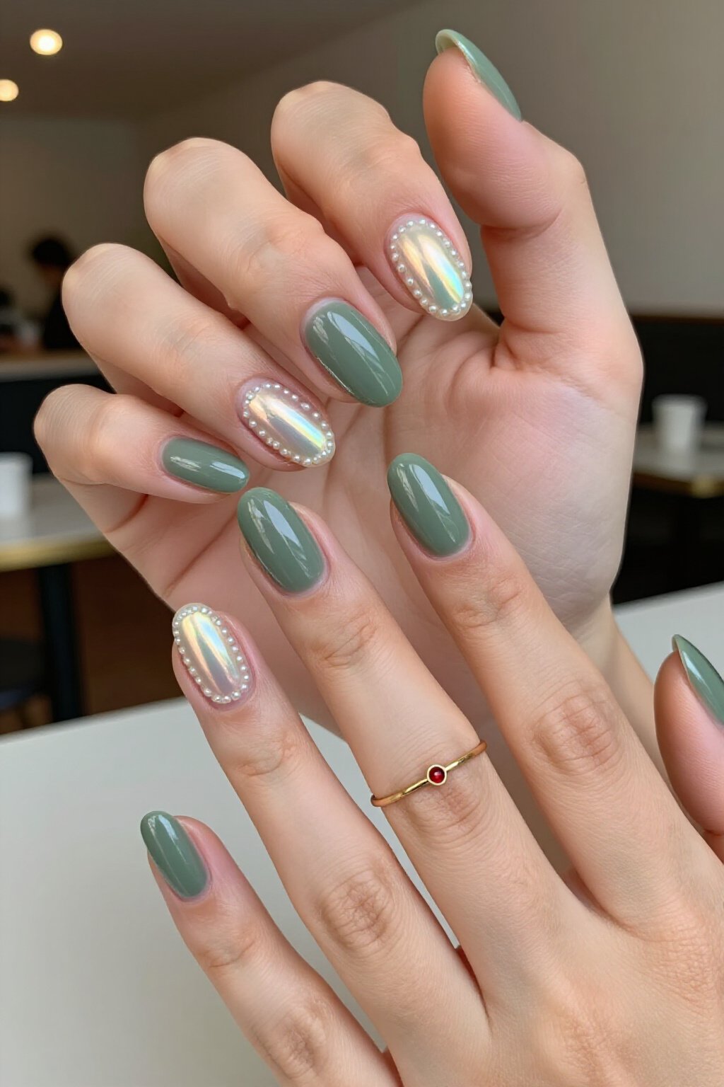 Elegant Short Almond Sage Green Aura Nails with Glazed Pearl Chrome - short aura nails