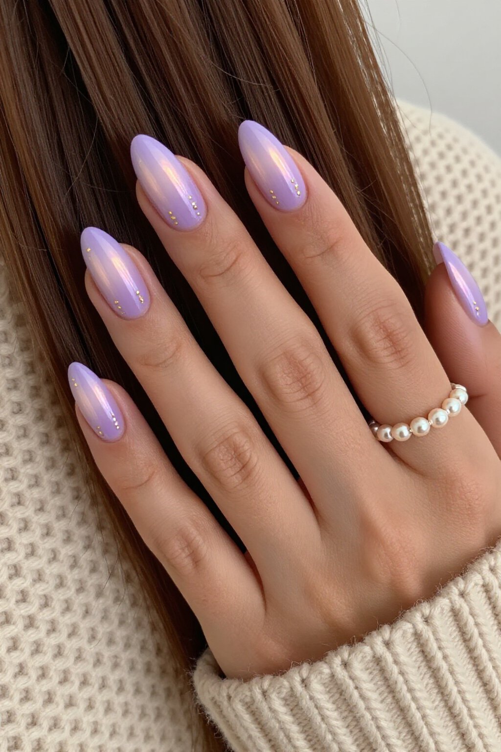 Artistic Short Almond Lilac Aura Nails with Fine Gold Line Art - short aura nails