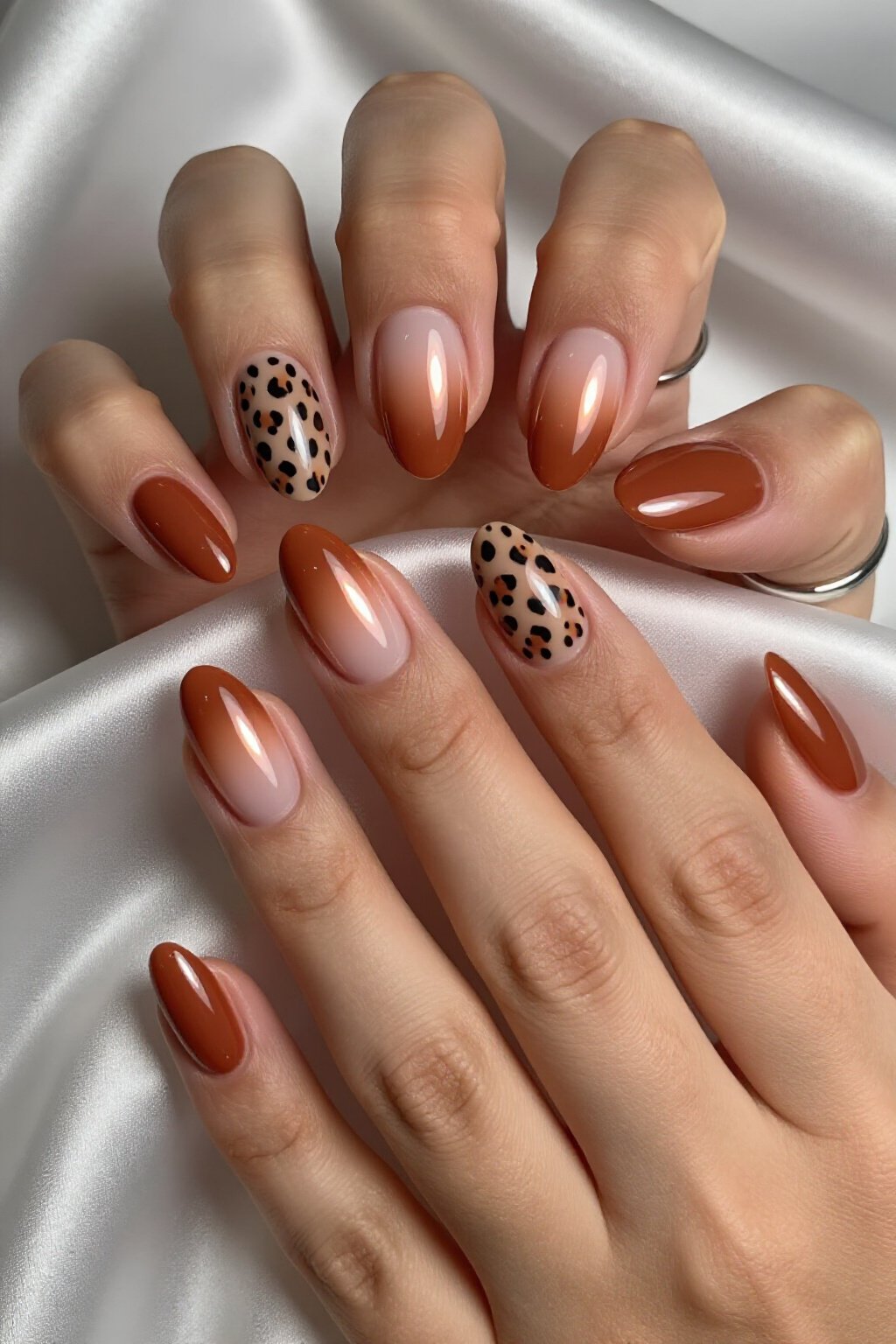 Trendy Short Almond Terracotta Aura Nails with Leopard Print - short aura nails