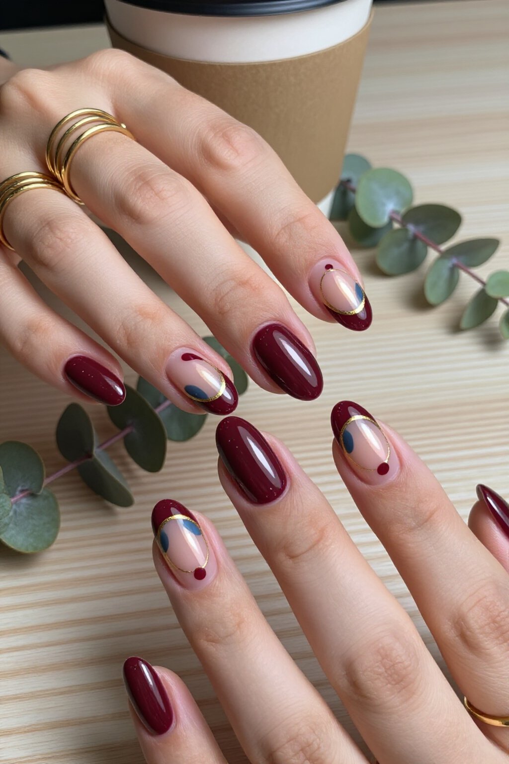 Dramatic Short Almond Burgundy Aura Nails with Abstract Art - short aura nails