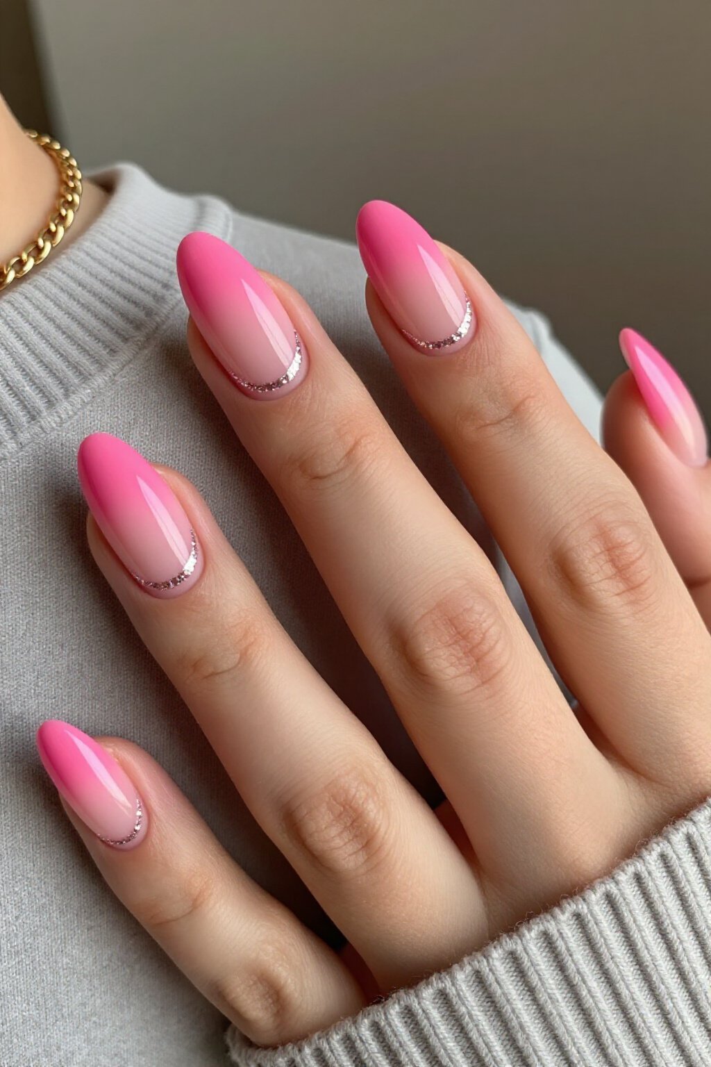 Eye-Catching Short Almond Hot Pink Aura Nails with Glitter Half-Moon - short aura nails
