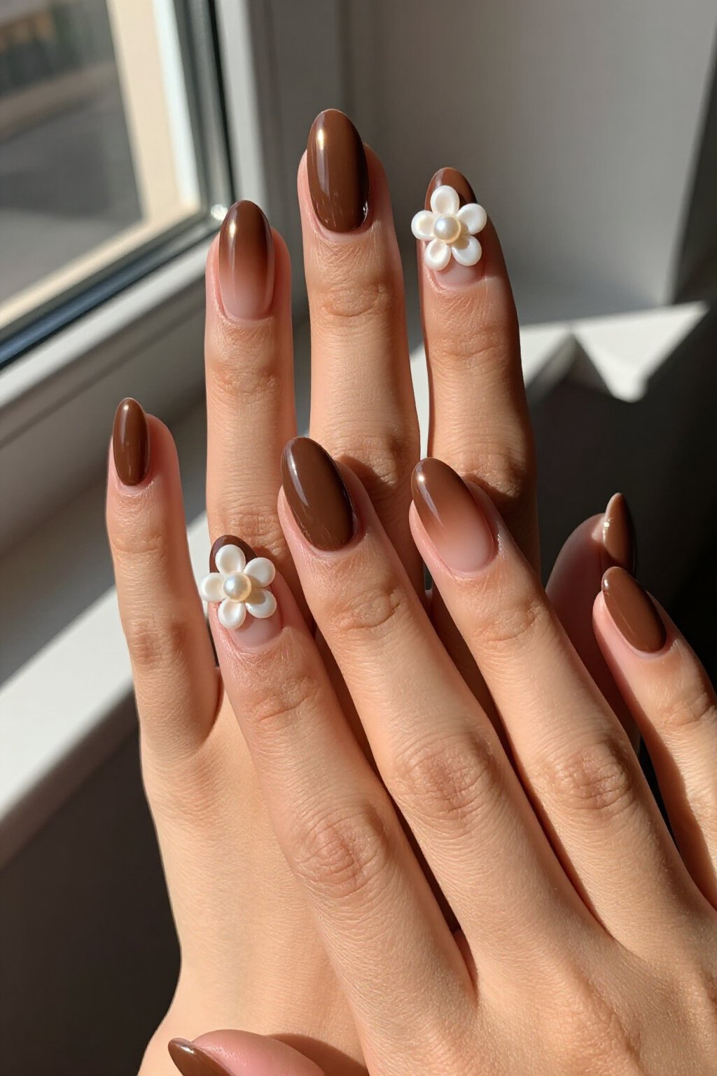 Decadent Short Almond Chocolate Brown Aura Nails with 3D Flowers - short aura nails