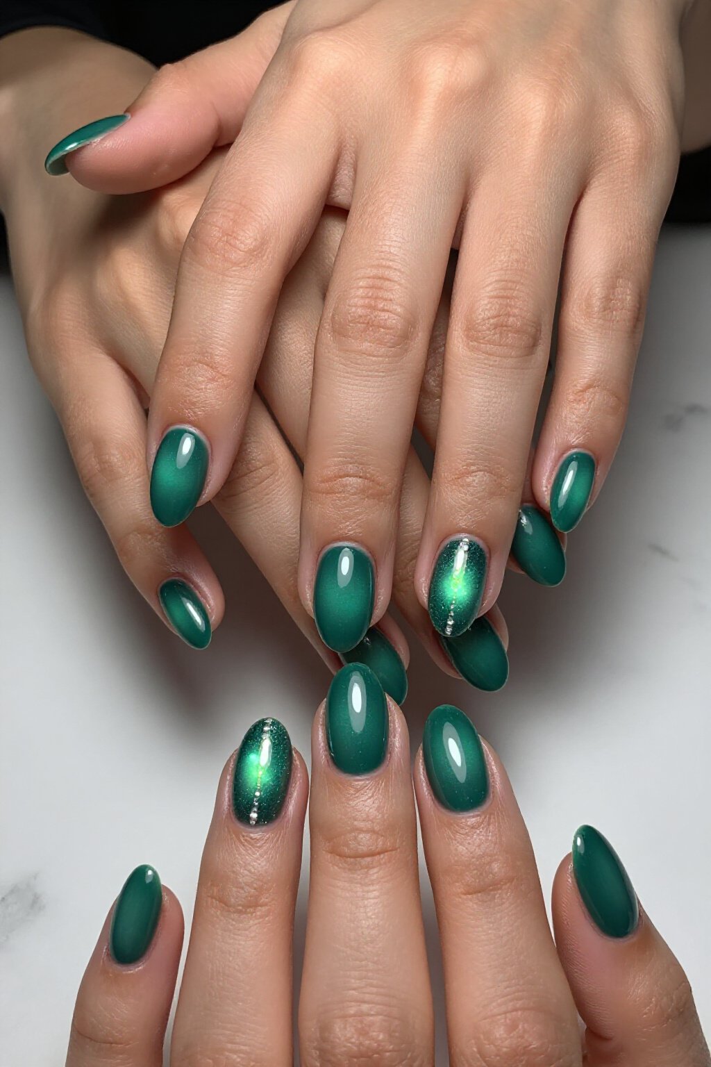 Gemstone Inspired Short Almond Emerald Green Aura Nails - short aura nails