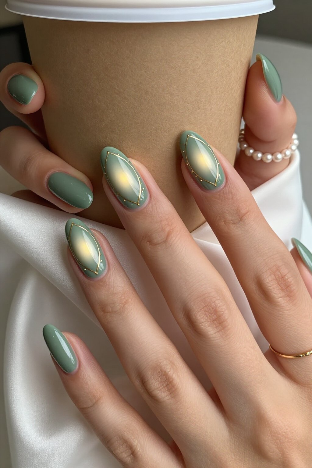 Chic Sage Green Almond Aura Nails with Gold Line Art - almond aura nails Chic Sage Green Almond Aura Nails with Gold Line Art - almond aura nails