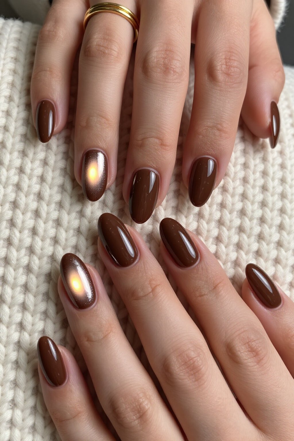 Luxurious Chocolate Brown Almond Aura Nails with Chrome Highlights - almond aura nails Luxurious Chocolate Brown Almond Aura Nails with Chrome Highlights - almond aura nails