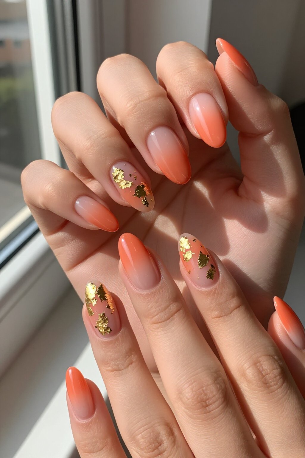 Vibrant Coral Almond Aura Nails Drenched in Gold Foil - almond aura nails Vibrant Coral Almond Aura Nails Drenched in Gold Foil - almond aura nails