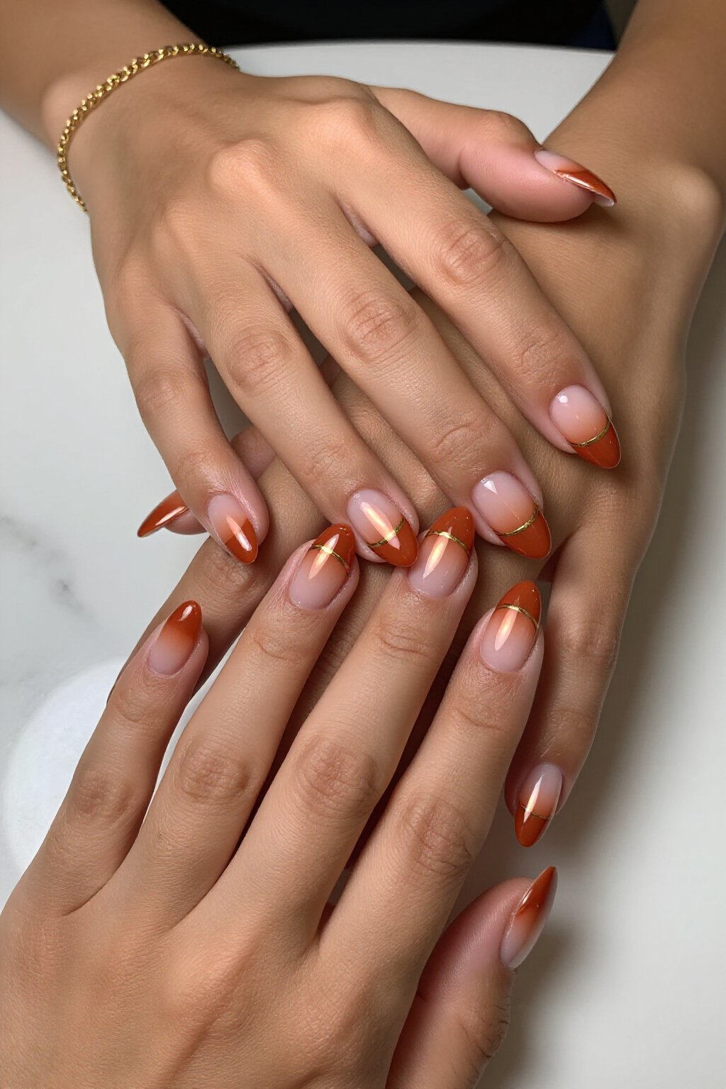 Stylish Terracotta Almond Aura Nails with Gold Color-Block - almond aura nails Stylish Terracotta Almond Aura Nails with Gold Color-Block - almond aura nails