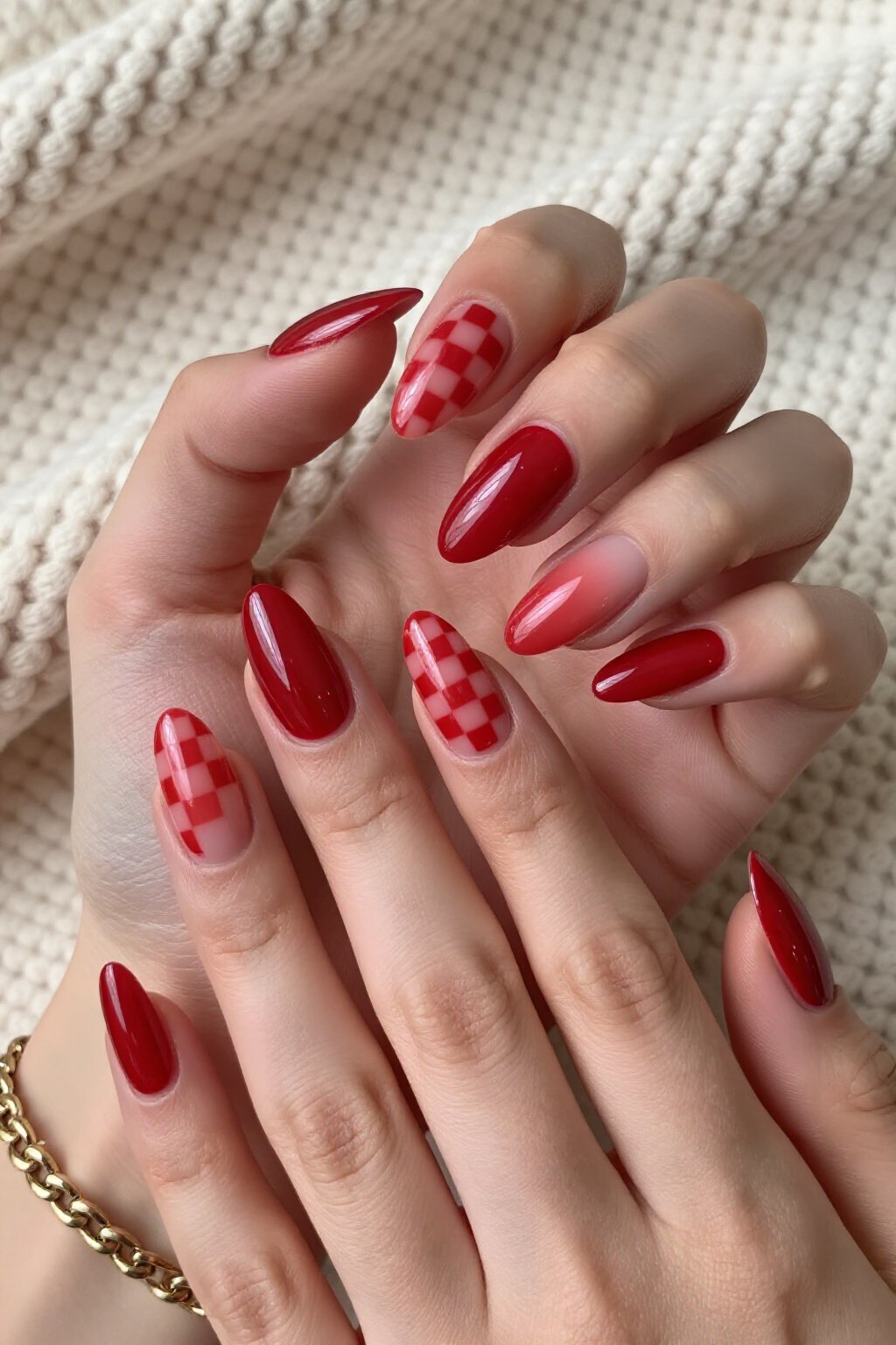 Classic Cherry Red Almond Aura Nails with Checkerboard Accents - almond aura nails Classic Cherry Red Almond Aura Nails with Checkerboard Accents - almond aura nails
