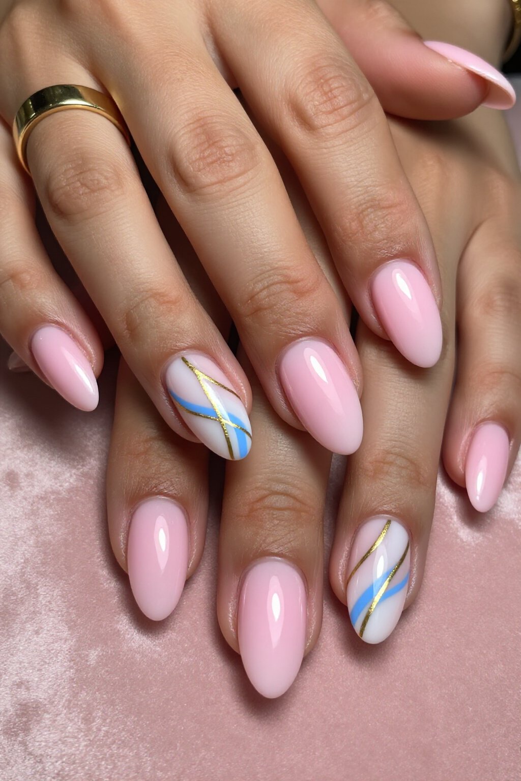Pink Aura Nails with Bold Marble & Gold Veins - pink short aura nails
