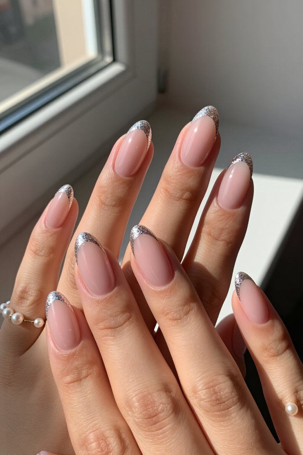 Sparkling Glitter French Tips Over Pink Aura - pink short aura nails