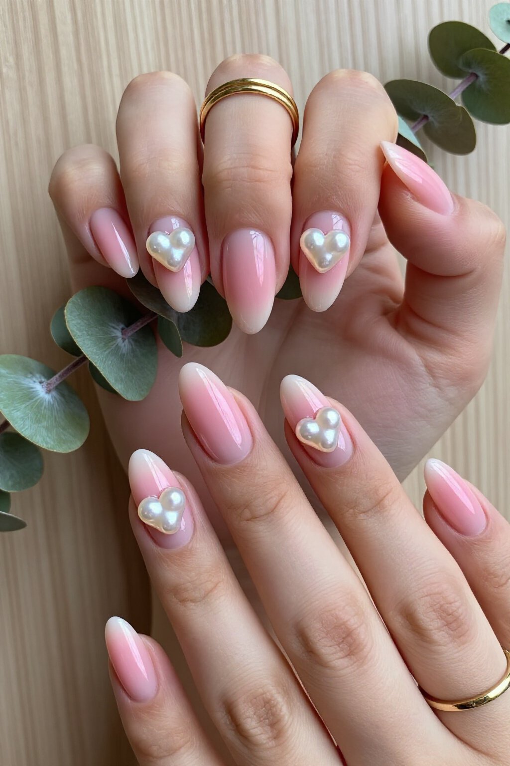 3D Hearts & Pearls on Pink Aura Nails - pink short aura nails