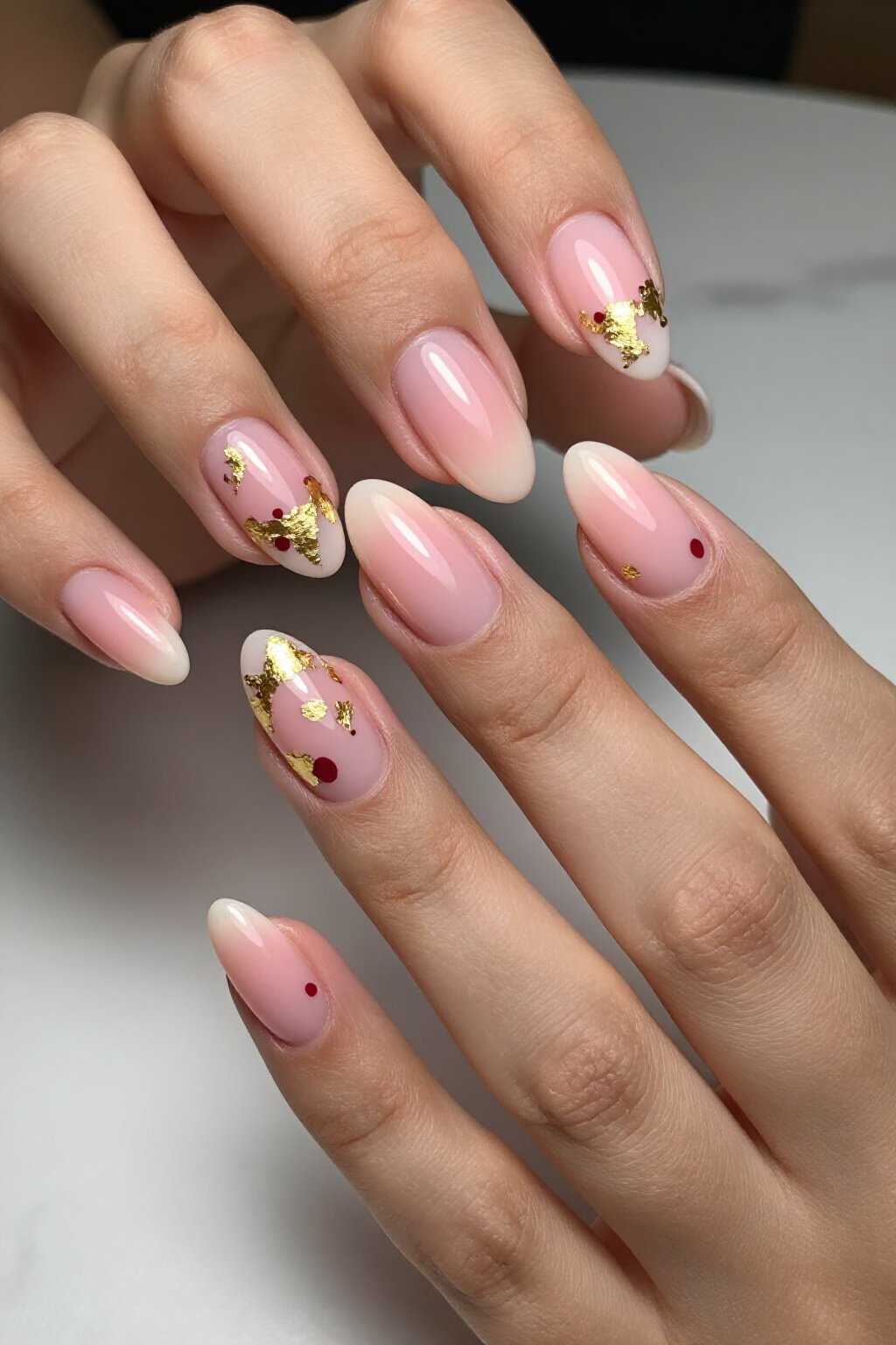 Gold Foil & Leaf Accents on Pink Aura Nails - pink short aura nails