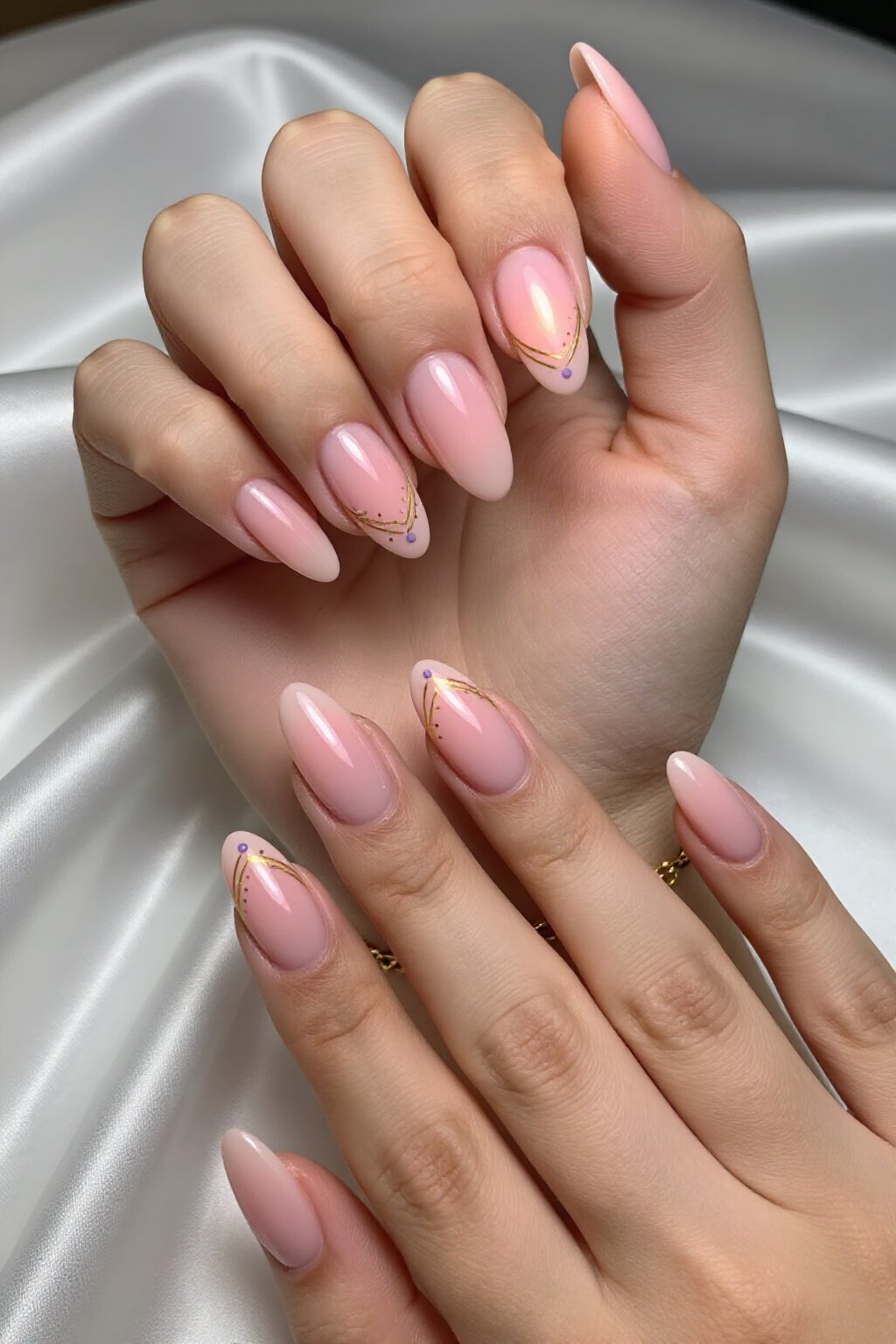 Fine Gold Line Art on Pink Aura Nails - pink short aura nails