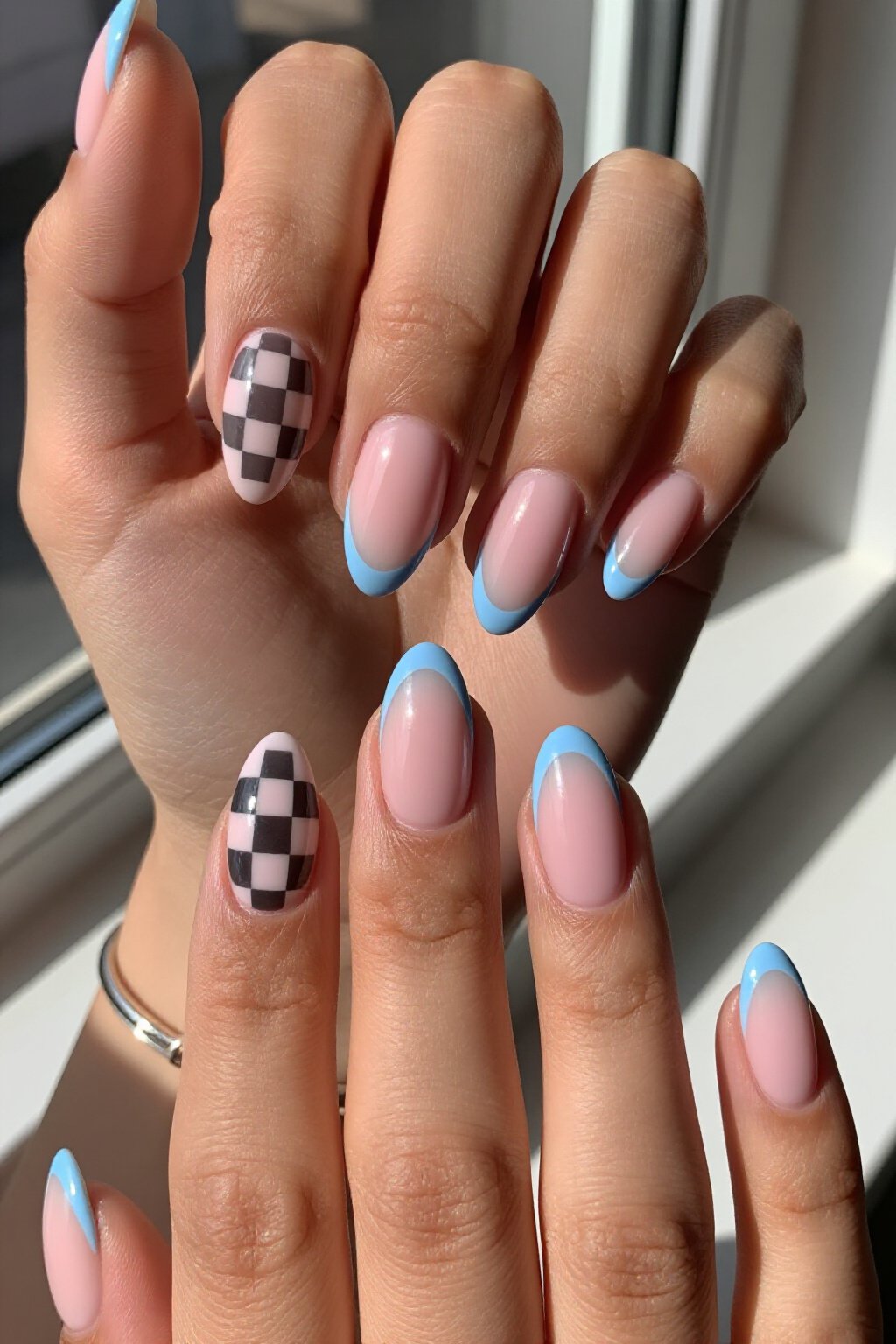 Checkerboard Accent Pink Aura Nails - pink short aura nails
