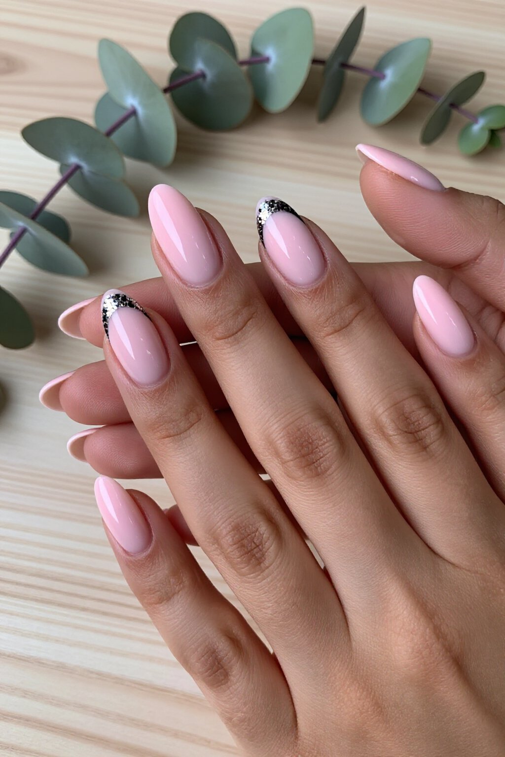 Half-Moon Pink Aura Nails with Glitter Crescent - pink short aura nails