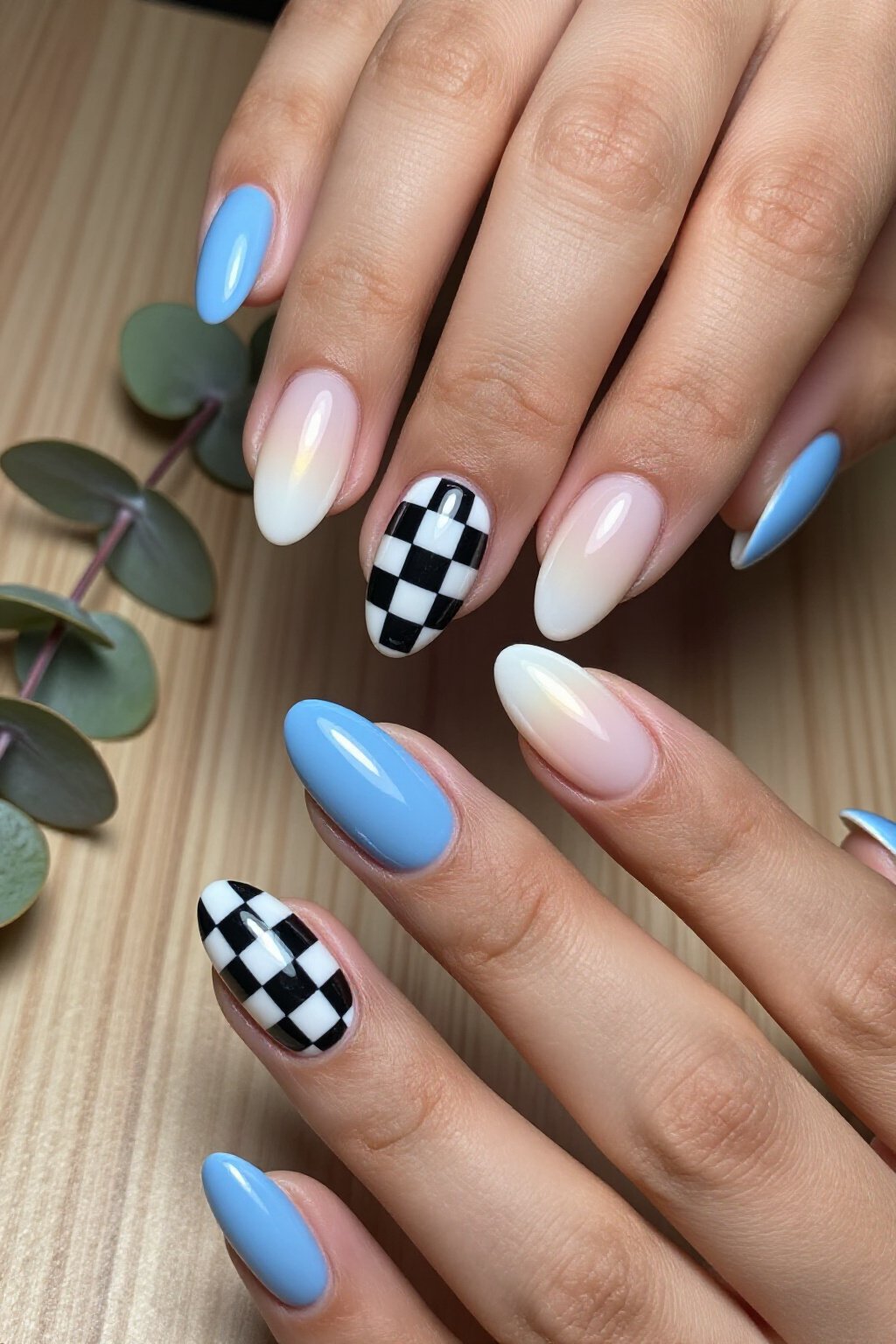 White Aura Nails with Baby Blue Checkerboard Accents - white short aura nails White Aura Nails with Baby Blue Checkerboard Accents - white short aura nails