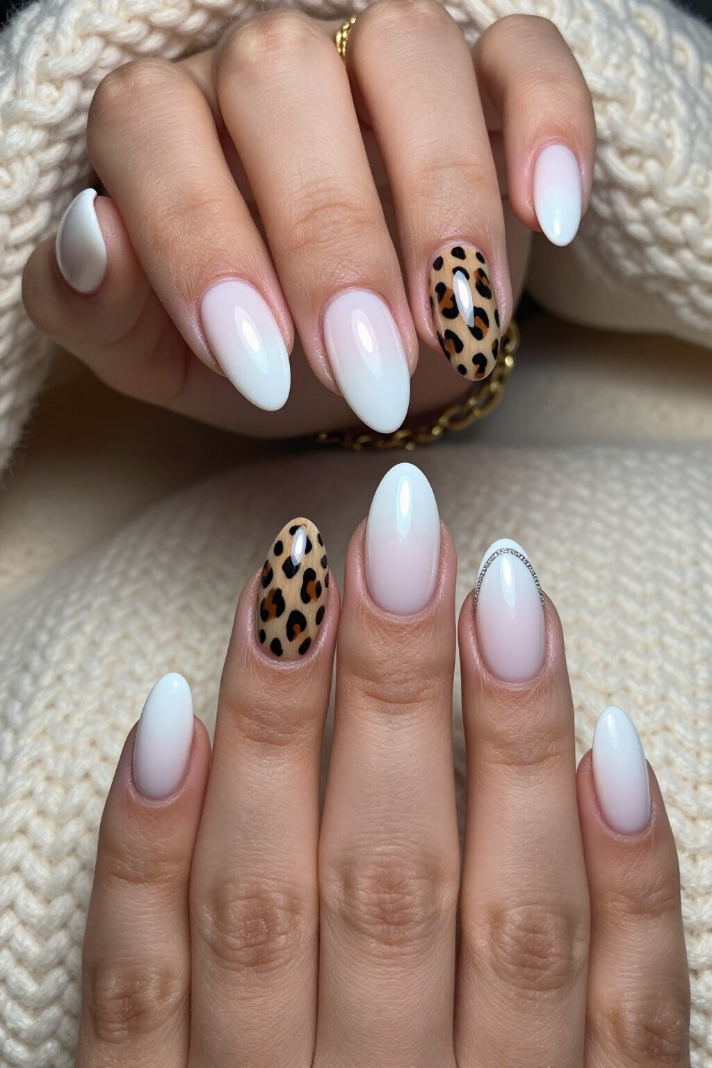 Chic White Aura with Leopard Print & Silver Sparkle - white short aura nails Chic White Aura with Leopard Print & Silver Sparkle - white short aura nails