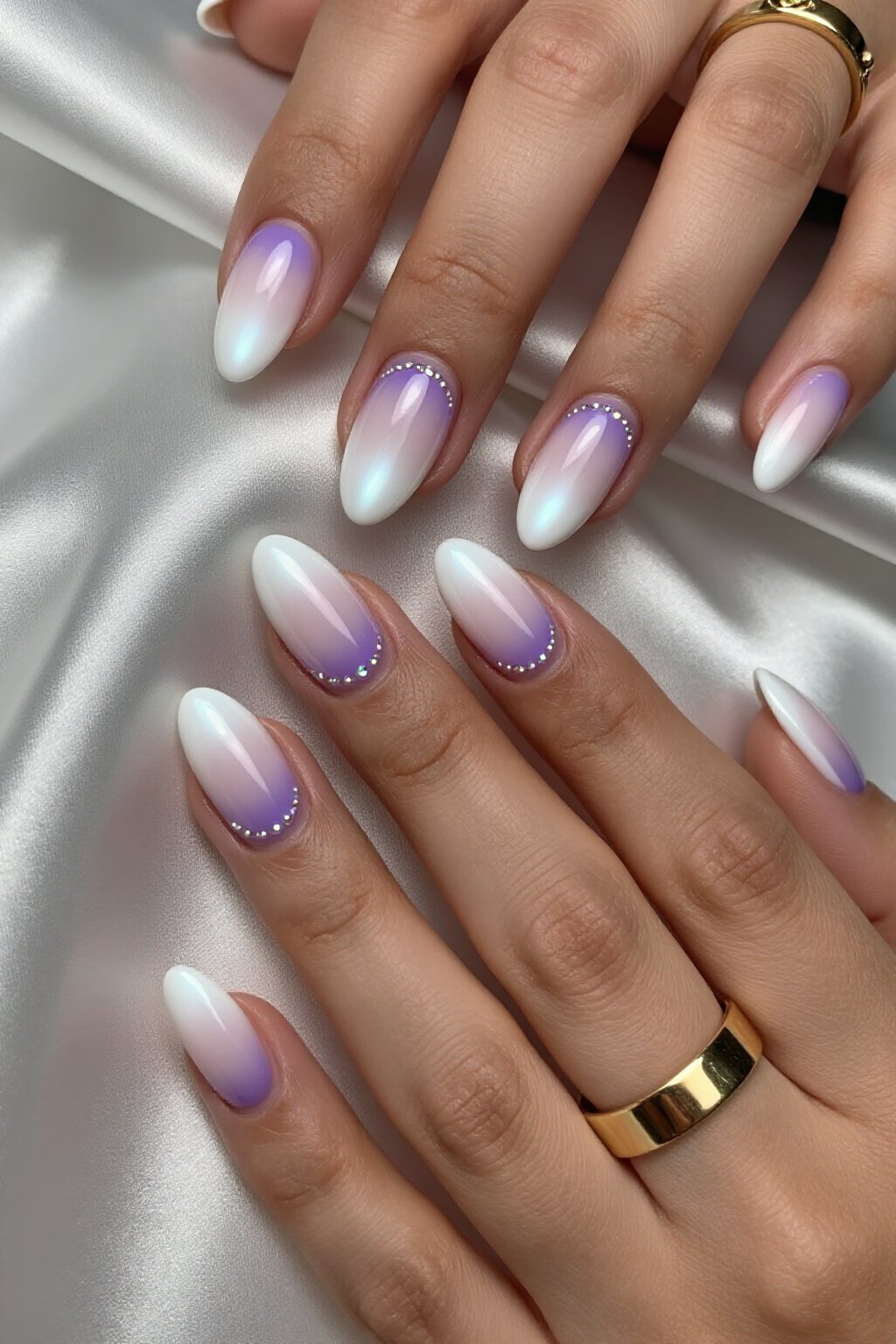 Gemstone Glow: Shimmering Band on White Aura Nails - white short aura nails Gemstone Glow: Shimmering Band on White Aura Nails - white short aura nails