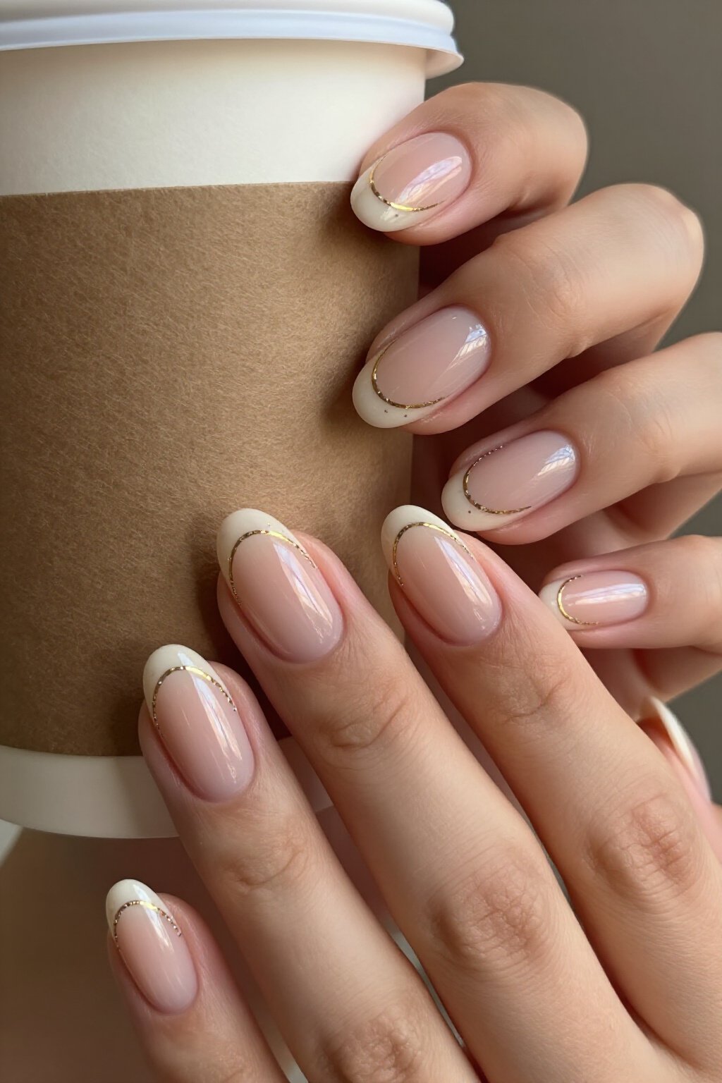 Delicate Gold Line Art on Short Nude Aura Nails - nude short aura nails