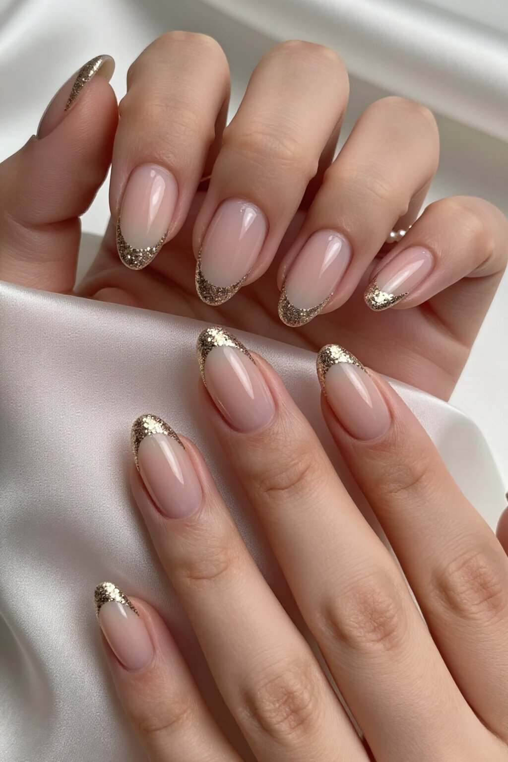 Champagne Glitter French Tips Over Sheer Nude Aura - nude short aura nails