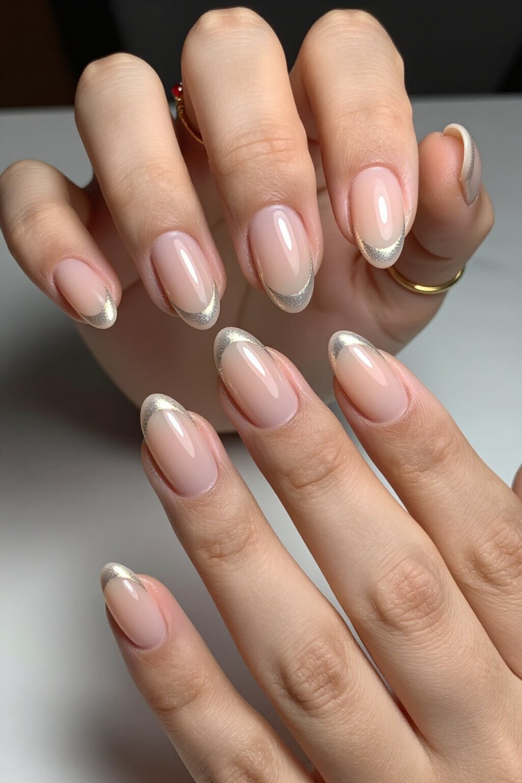Liquid Chrome Mirror Finish on Nude Aura Nails - nude short aura nails