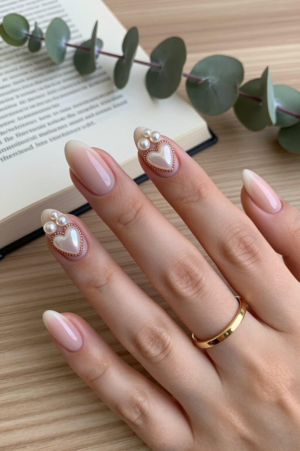 3D Gel Hearts & Pearls on Rose Gold Nude Aura Nails - nude short aura nails