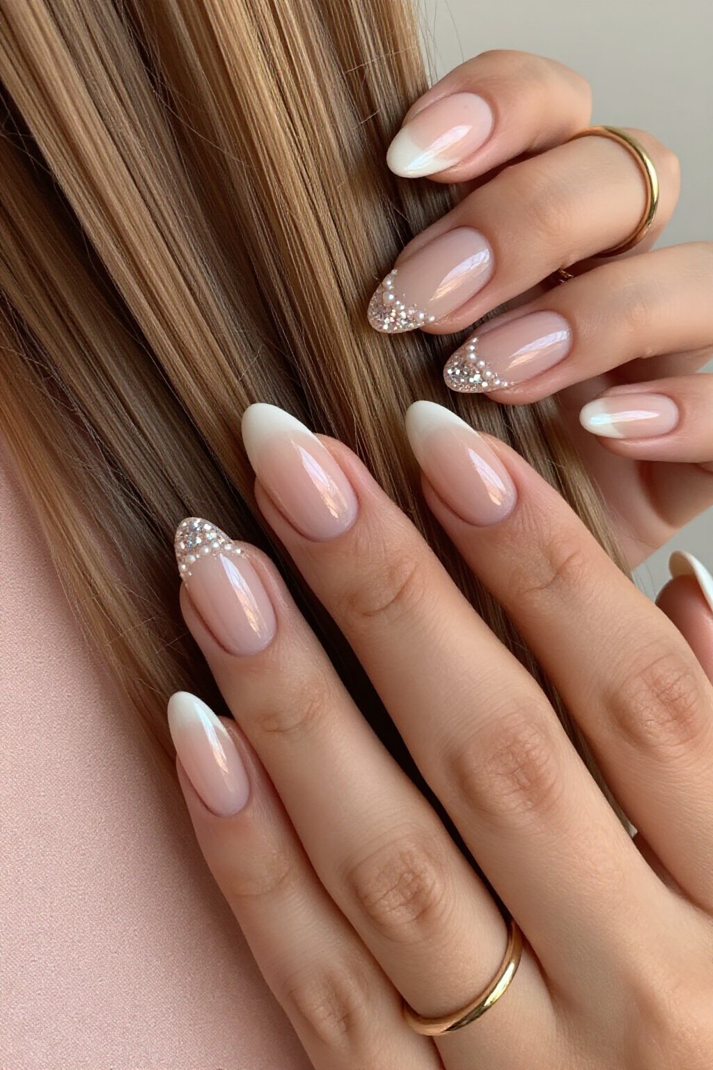 Sparkling Glitter Gradient with Pearl Accents - nude short aura nails