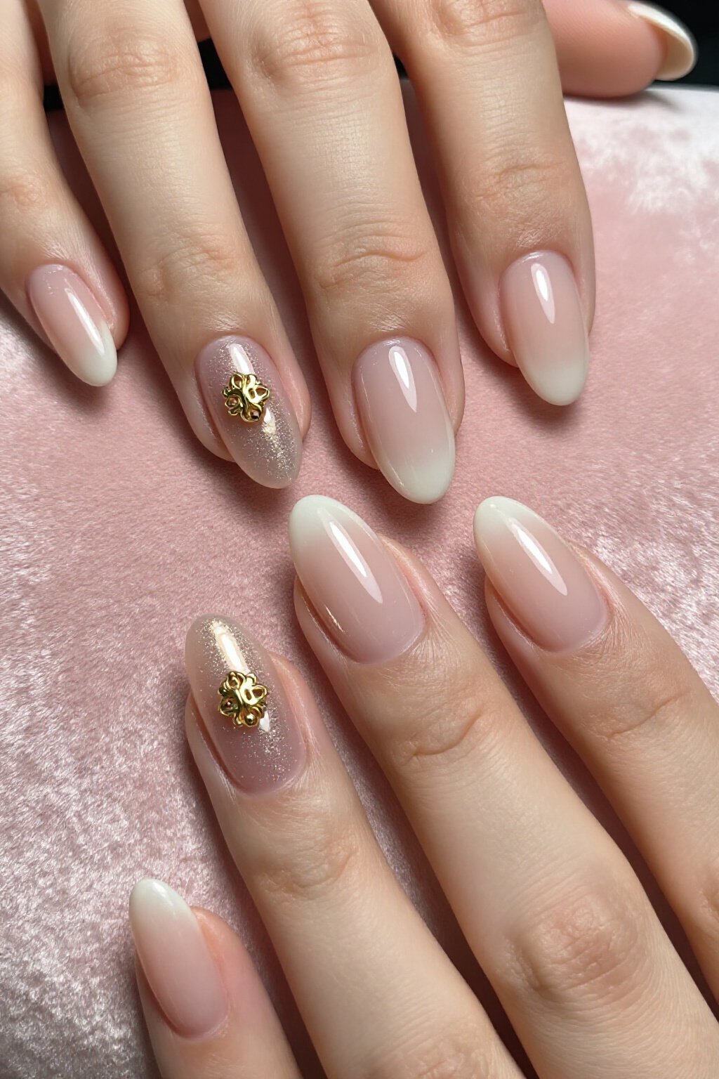 Velvet Shimmer Aura with Glossy Gold Charm Accent - nude short aura nails