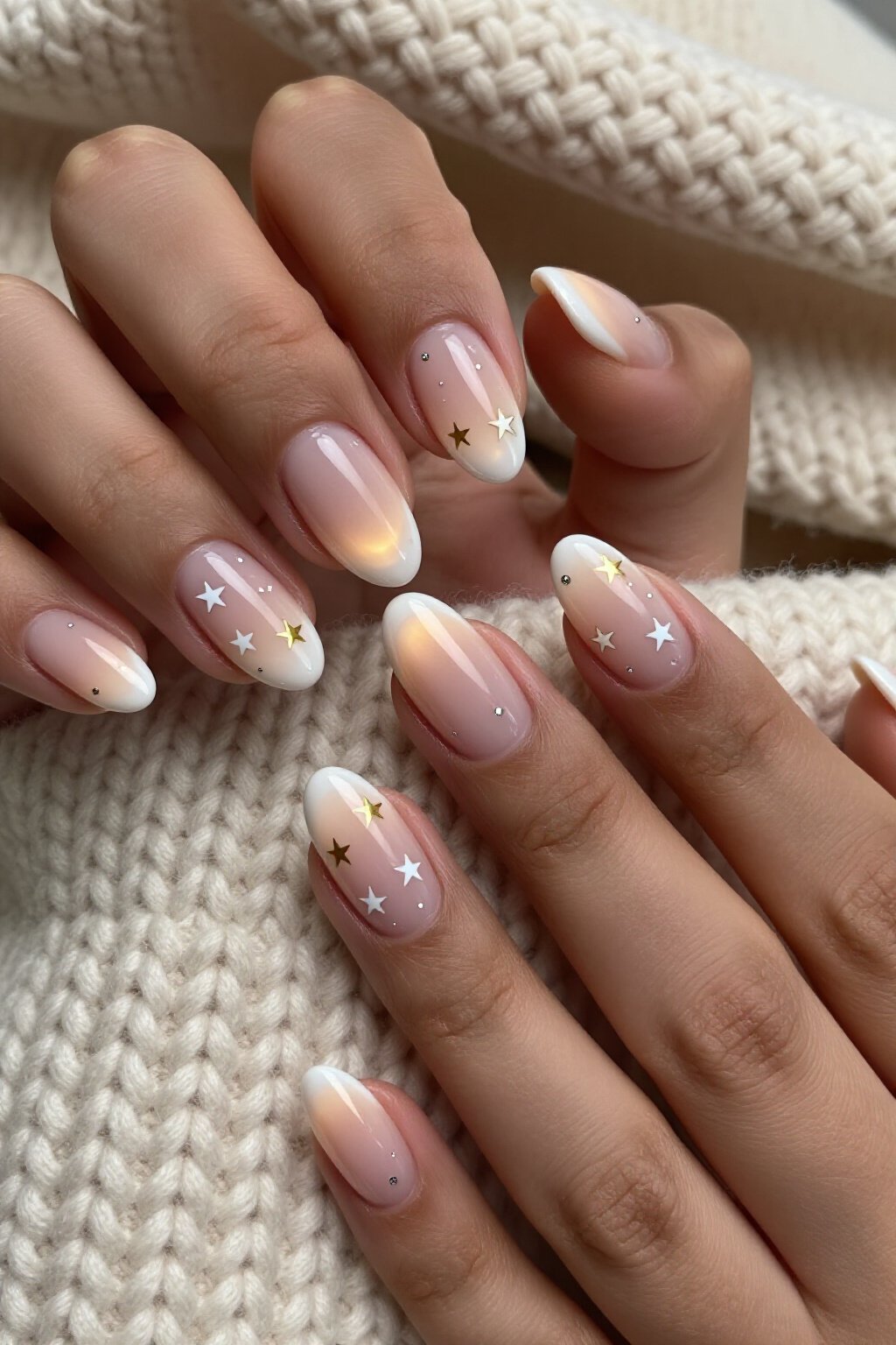 Celestial Dreams: White & Gold Stars on Nude Aura - nude short aura nails