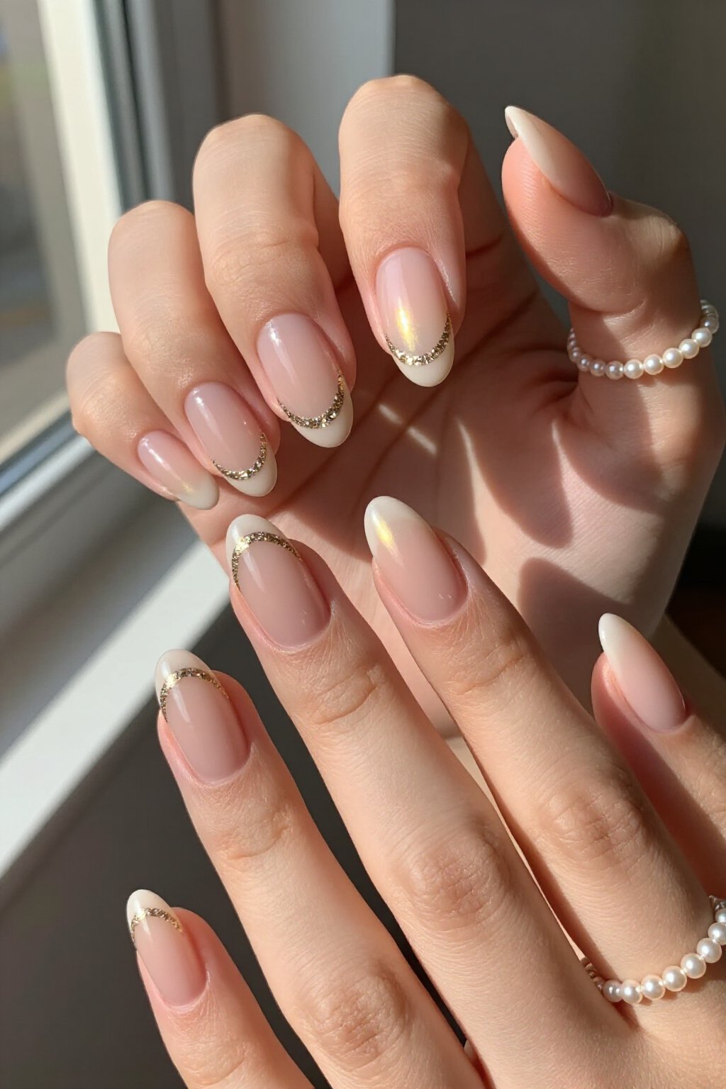 Chic Half-Moon Aura with Glitter Crescent Accent - nude short aura nails