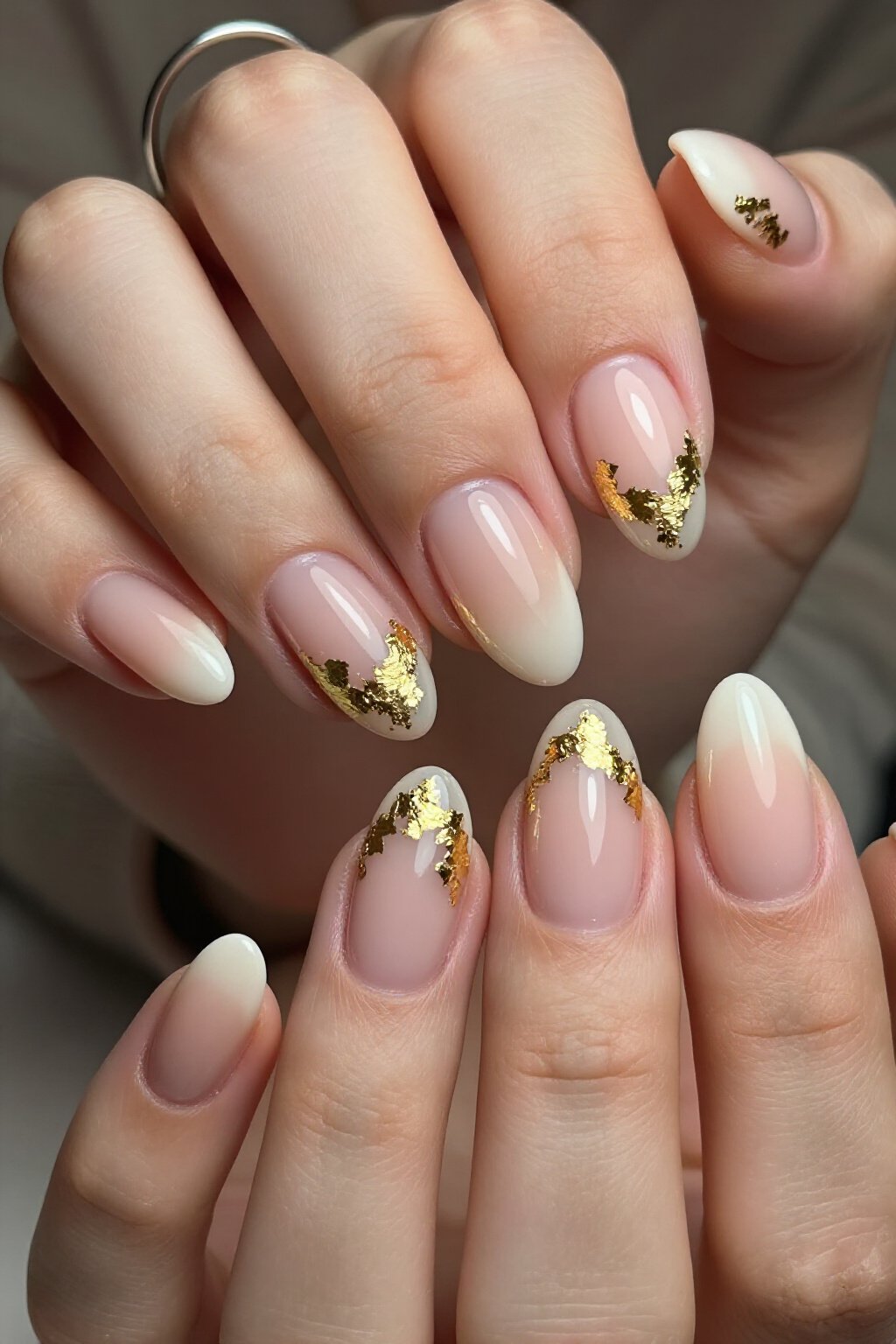 Dazzling Gold Foil Flakes on Short Nude Aura Nails - nude short aura nails