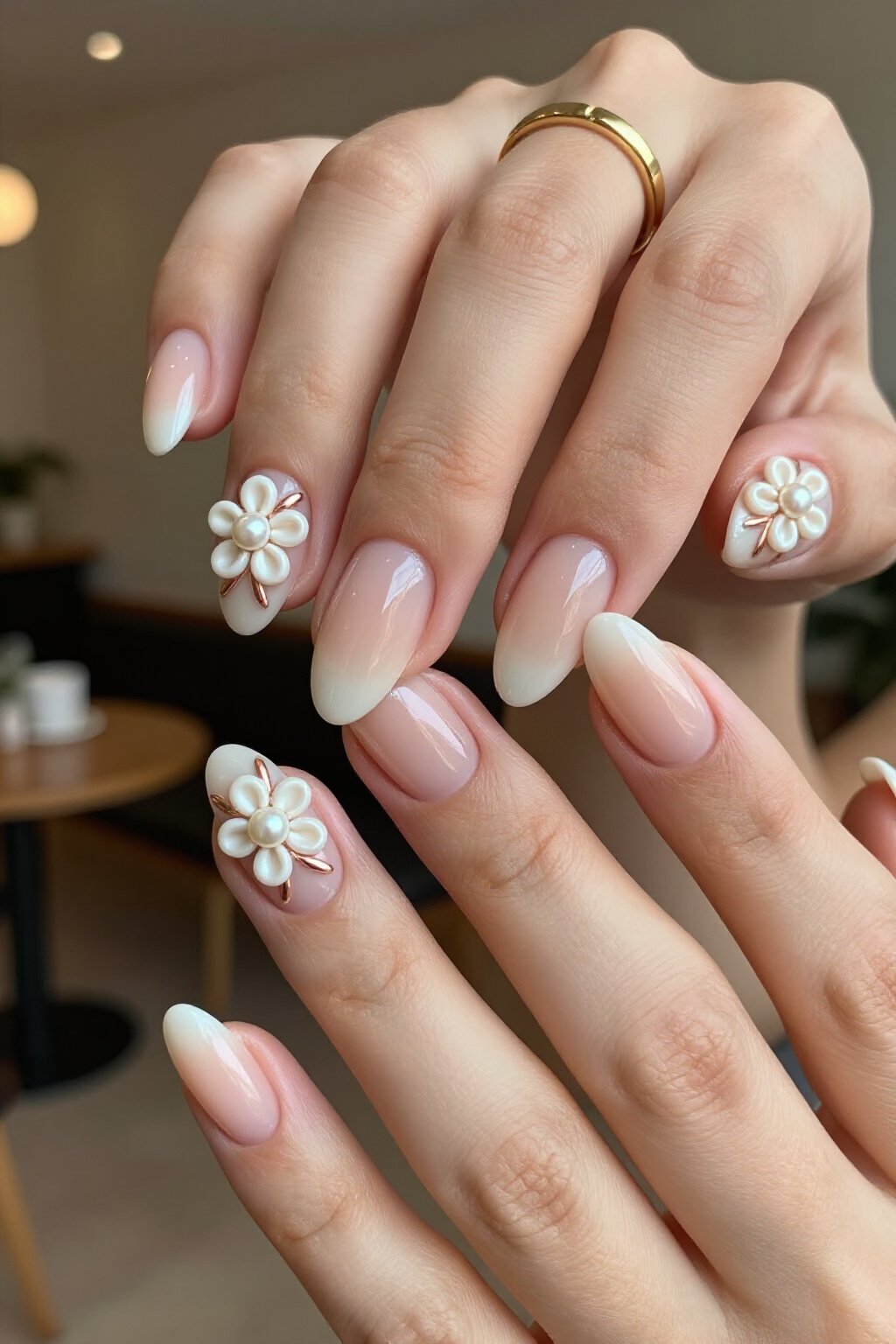Whimsical 3D Flowers with Pearl Centers: Rose Gold Aura Accent - nude short aura nails