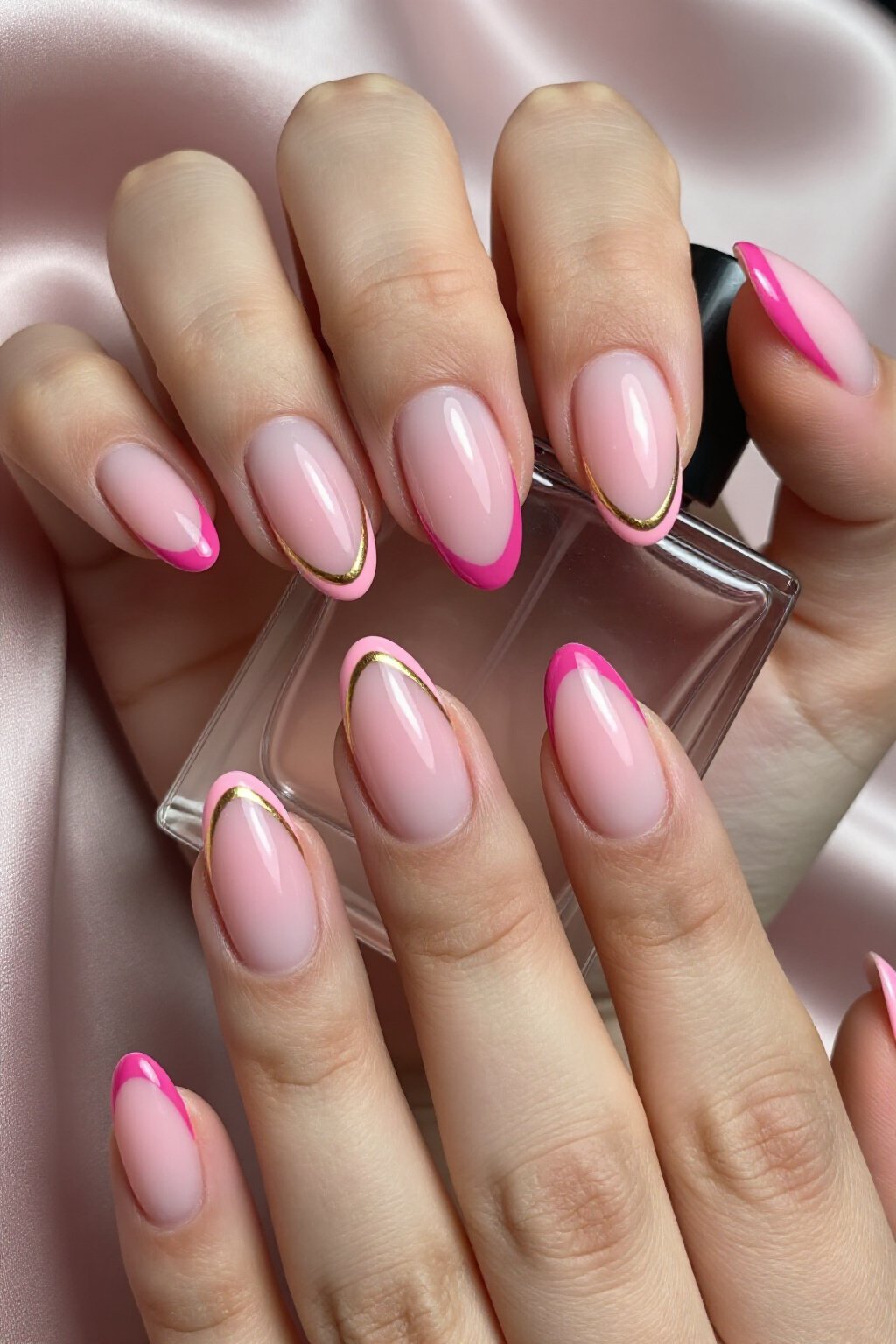 Bold V-French Tips with Pink Aura Nails - pink short classy aura nails