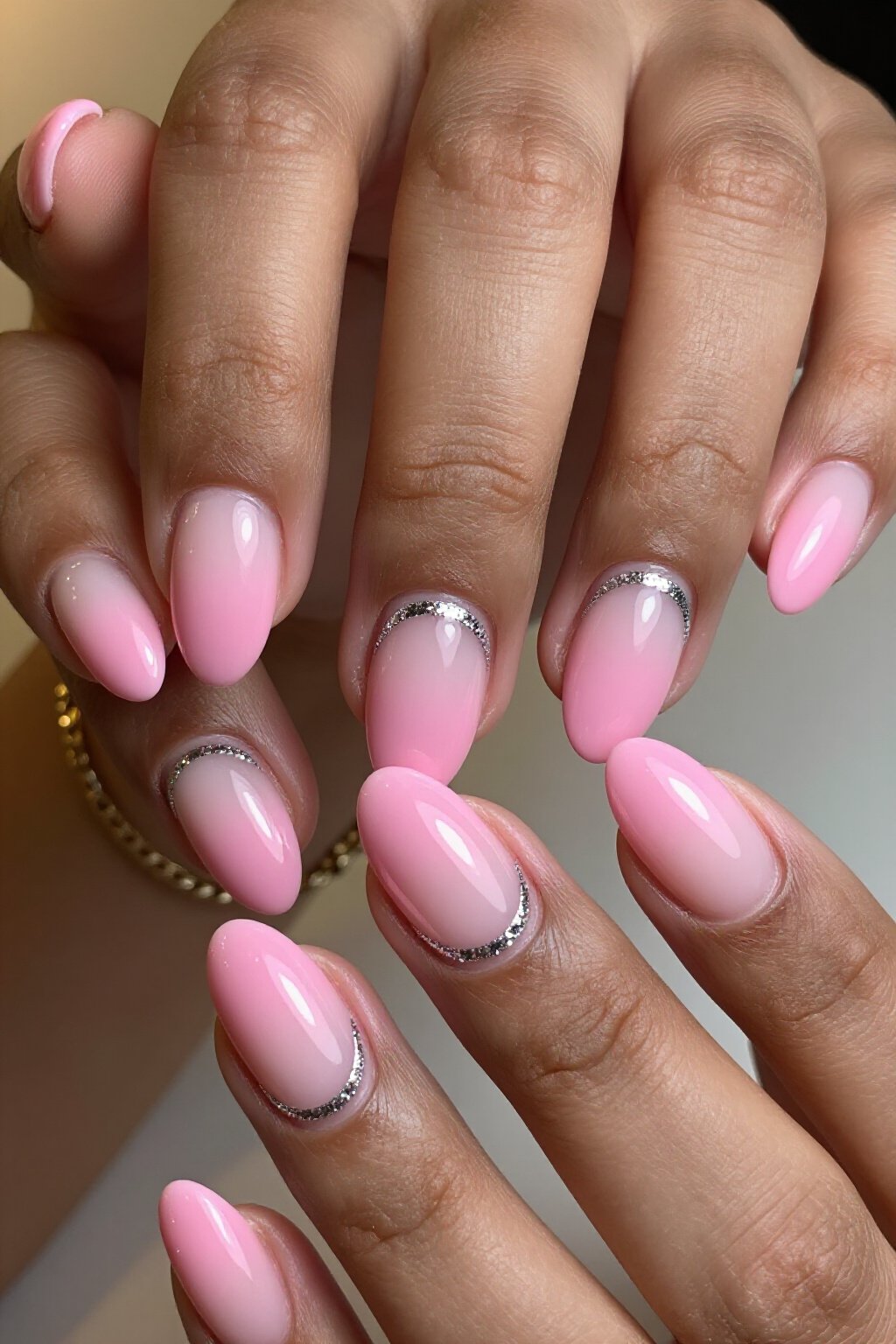 Glitter Half-Moon Design on Pink Aura Nails - pink short classy aura nails