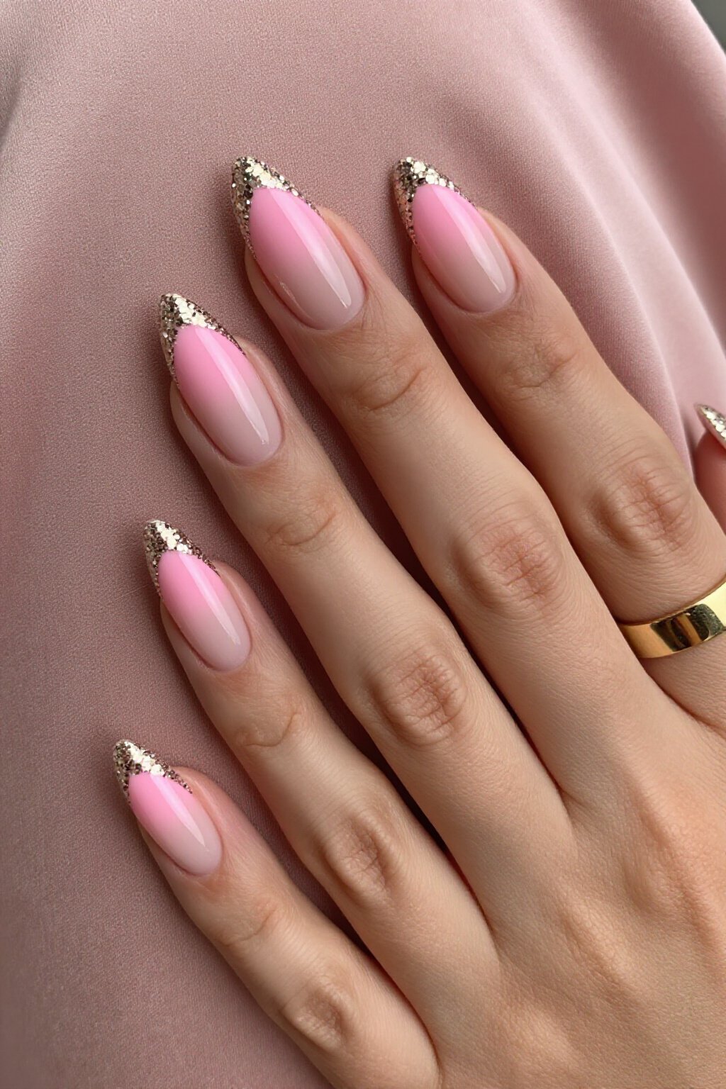 Glitter-Packed French Tips on Pink Aura Nails - pink short classy aura nails