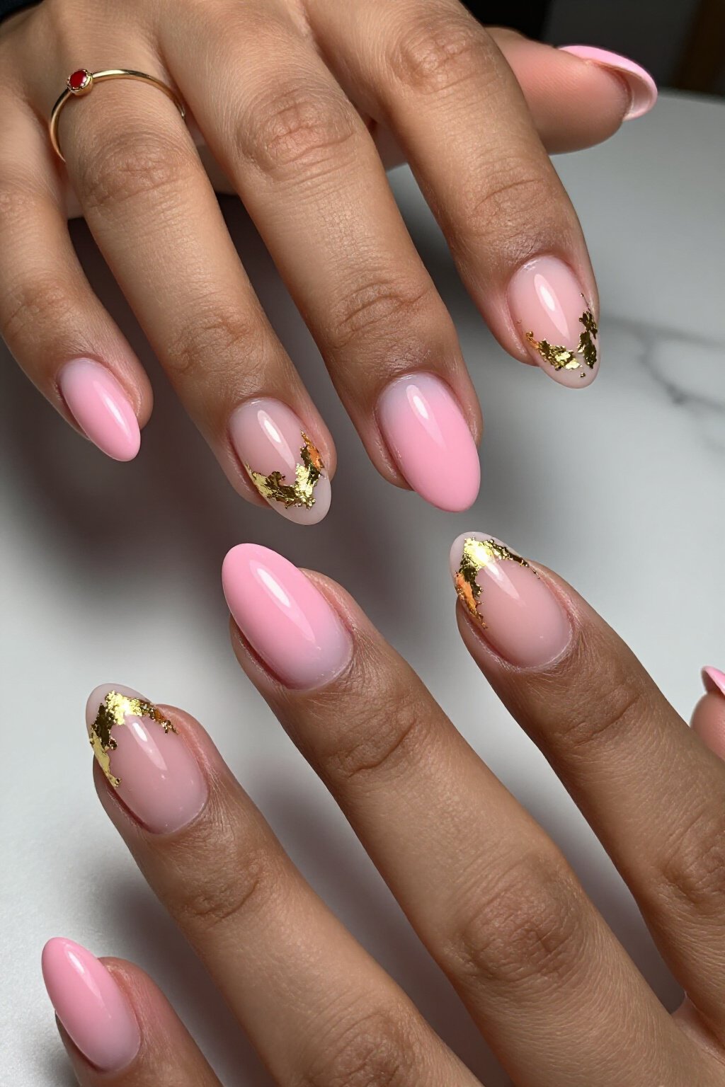 Gold Foil Flakes on Pink Aura Nails with Gold Details - pink short simple aura nails Gold Foil Flakes on Pink Aura Nails with Gold Details - pink short simple aura nails