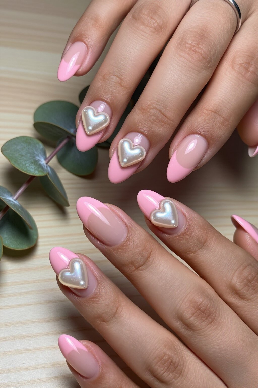 3D Hearts and Pearls on Pink Aura Nails - pink short simple aura nails 3D Hearts and Pearls on Pink Aura Nails - pink short simple aura nails