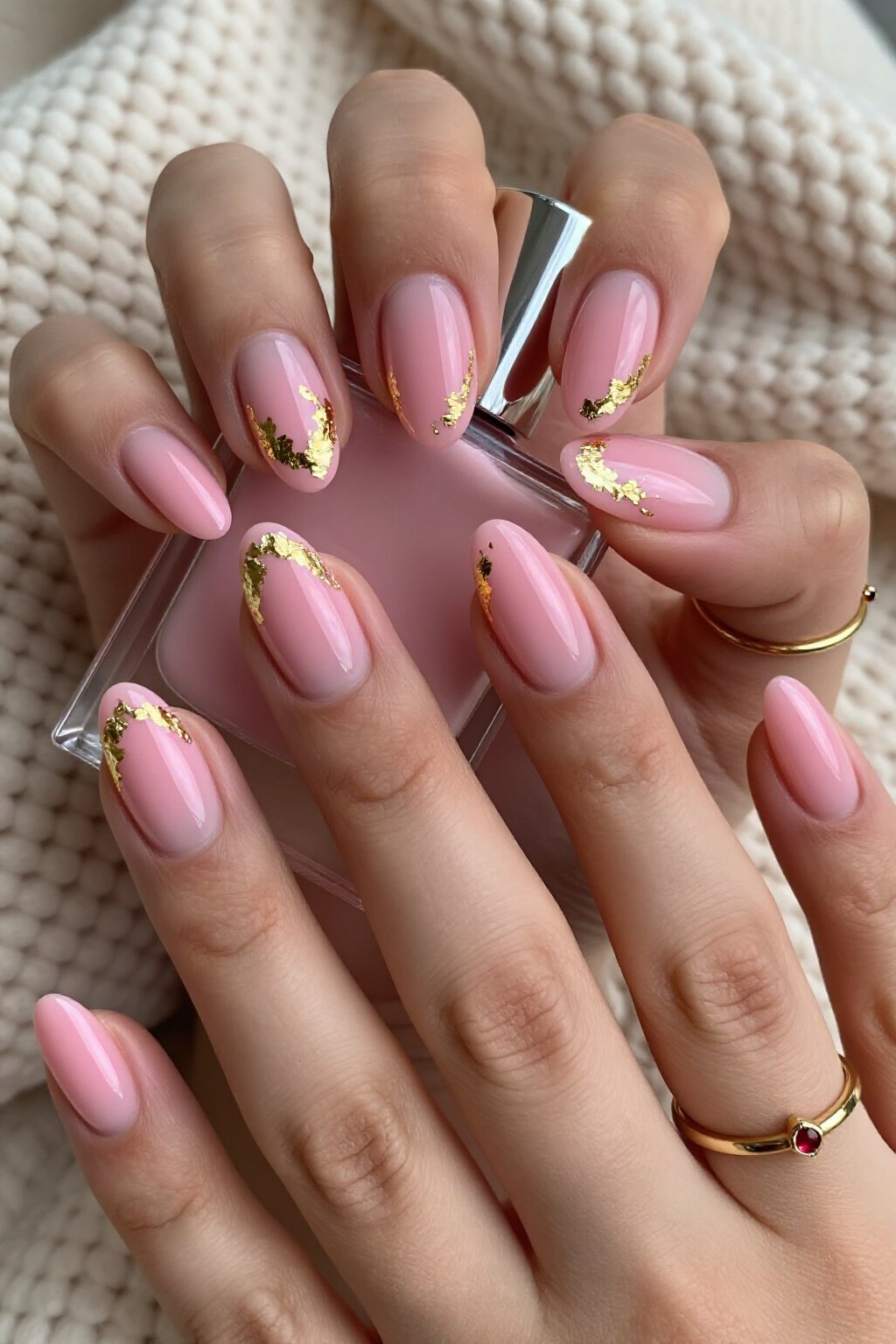 Pink Aura Nails with Luxe Gold Foil and Leaf Accents - pink short cute aura nails